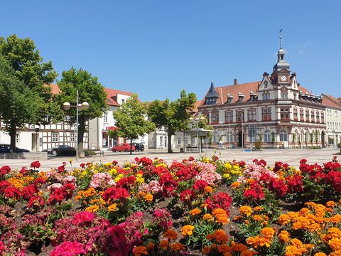 Das Bild zeigt im Vordergrund eine angelegte Blumenrabatte, im Hintergrund den Marktplatz mit dem markanten Rathaus der Kleinstadt.